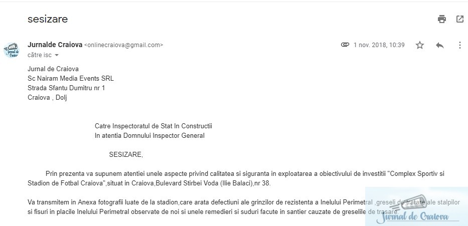 Inspectoratul de Stat In Constructii ignora sesizarea noastra in privinta Stadionului Ion Oblemenco 2